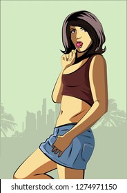 Pretty Young Urban Rap Girl lick candy. Lady Vector artwork. Comic style.