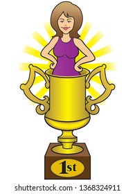 A Pretty Young Wife Is Standing In A Gold Trophy Cup