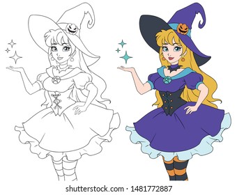Pretty young witch. Announce Halloween Party. Hand drawn cartoon girl with blonde hair. Contour vector illustration for coloring book, children games, invitation cards, templeta etc.