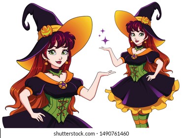 Pretty young witch. Announce Halloween Party. Hand drawn cartoon girl with colorful hair and green eyes. Vector illustration for children games, invitation cards, design template etc.