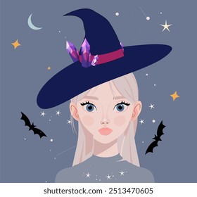 Pretty young witch. Announce Halloween Party. Hand drawn retro anime girl. Surprised halloween woman in witch costume vector illustration