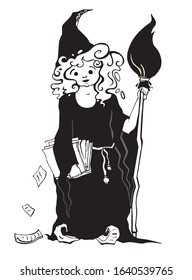 pretty young witch in a big hat with wavy hair and a broom in her hand,  painted in doodle style, vector