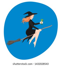 Pretty young witch flying on the broom. Pointy hat and black dress. Vector illustration