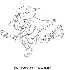 pretty young witch is flying on a broom