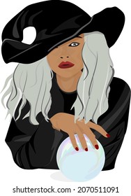 Hübsche junge Hexe mit Zauberkugel, sie trug schwarzes Kleid und große schwarze Mütze, sie hat langgraues Haar, Vektorgrafik
