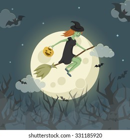 Pretty young witch on a broomstick flying over the spooky forest in front of the moon. Vector Halloween illustration.