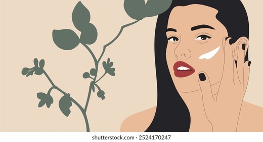 Mujer morena bonita aplicar crema o suero en la cara. Concepto de Ilustración vectorial del cuidado de la piel.