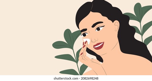 	
Pretty young woman applying face cream. Skincare procedure, routine day illustration. Application of cosmetic product vector. Tropical leaves,  green plant on background. Skin care  advertisement.  
