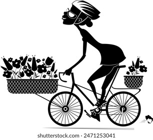 Pretty young woman, a bike and bouquets of flowers.
Smiling young woman rides a bike and carries a bouquets of flowers in the baskets. Black and white illustration
