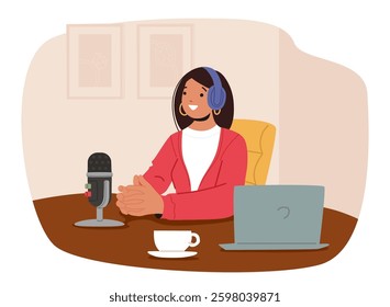 Pretty young woman blogger character talking in microphone recording audio podcast for females in social media sitting in cozy comfortable studio scene. Live broadcast production vector illustration