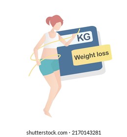 Pretty Young Woman Body Shapely,Weight Loss Challenge Diet Programs,Measuring Tape Around And Weighing Scale,Vector Illustration.