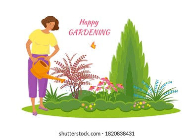Pretty young woman in cartoon style is watering  the group of plants and shrubs in the garden.Vector colorful isolated illustration in flat style. Landscape design template.
