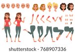 Pretty young woman constructor in flat style. Parts of body legs and arms , face emotions, haircuts and hands gestures. Vector cartoon girl character