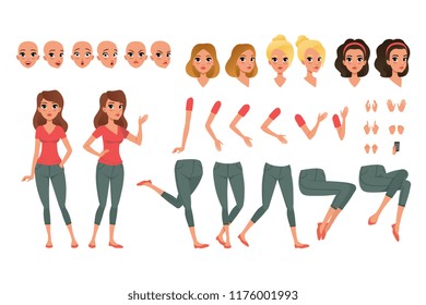 Pretty young woman constructor in flat style. Parts of body legs and arms , face emotions, haircuts and hands gestures. Vector cartoon girl character