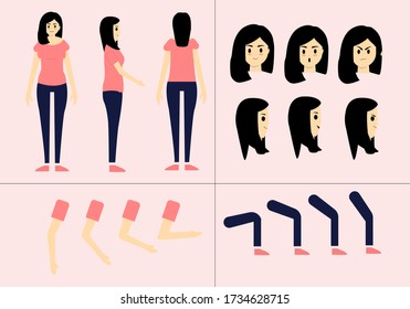 Pretty young woman constructor in flat style. Parts of body legs and arms , face emotions, haircuts and hands gestures. Vector cartoon girl character