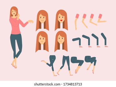 Constructora mujer muy joven de estilo plano. Partes de piernas y brazos corporales, enfrentan emociones, cortes de pelo y gestos de manos. Personaje de chica de dibujos animados