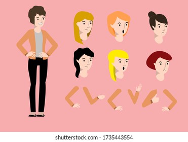 Pretty young woman constructor in flat style. Parts of body legs and arms , face emotions, haircuts and hands gestures. Vector cartoon girl character