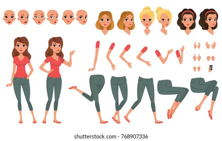 Pretty young woman constructor in flat style. Parts of body legs and arms , face emotions, haircuts and hands gestures. Vector cartoon girl character