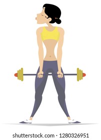 Pretty young woman does exercises with dumbbells isolated. Well-developed figure young woman does exercises with weight isolated on white illustration
