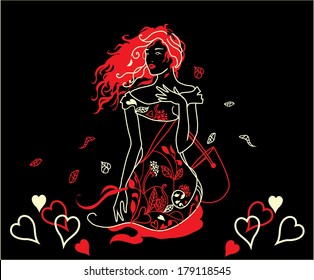Pretty young woman drawing vector  with leaves