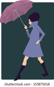 Pretty young woman dressed in 1960s style clothes and with a big umbrella walking on a dark background, vector illustration