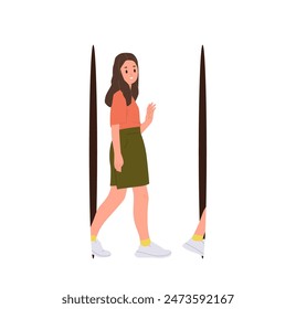 Pretty young woman explorer cartoon character going through futuristic tunnel isolated on white