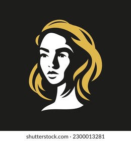 Una mujer muy joven se enfrenta a la sombra del logo del esbozo abstracto del salón de belleza de la marca vectorial de la ilustración plana. Retrato femenino de moda con pelo dorado ícono mínimo para marca de cosmetología de maquillaje