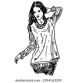 Pretty young woman in fancy shirt. Female portrait. beautiful girl. Hand drawn linear doodle rough sketch. Black and white silhouette.