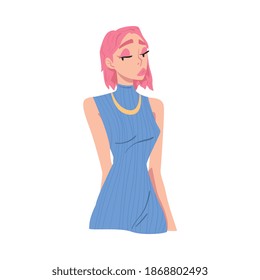 Pretty Young Woman in Fashionable Blue Dress Cartoon Style Vector Illustration