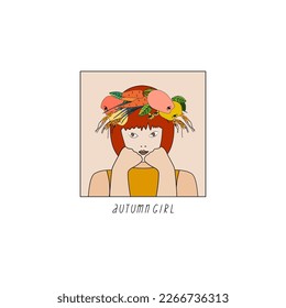 Pretty young woman with fruits wreath on her had. Vector flat design illustration for cards, posters, etc. Autumn theme. 