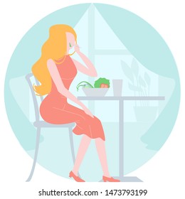 A pretty, young woman with ginger hair eats healthy, organic food in the restaurant. She's sitting at the table from the window. This is a vector illustration in a flat cartoon style.