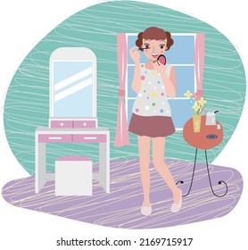 A pretty young woman is happily putting on her makeup.vector illustration