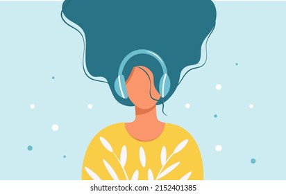 A pretty young woman in headphones listens to her favorite music. The concept of musical pastime, listening to audio, learning in headphones. Vector isolated with a girl in bright clothes. Flat style.