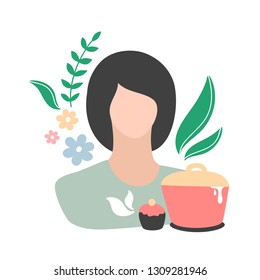 Pretty young woman with her occupations objects: pan and cake. Vector female avatar isolated on white background. 