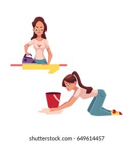 Pretty young woman, housewife doing housework - ironing, washing the floor, cartoon vector illustration isolated on white background. Beautiful woman, girl washing floor, ironing, cleaning her house
