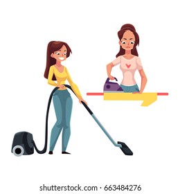 Pretty young woman, housewife ironing linen and vacuum cleaning her house, doing housework, cartoon vector illustration isolated on white background.