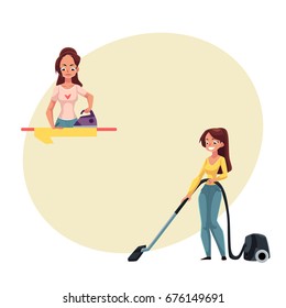 Pretty young woman, housewife ironing linen and vacuum cleaning her house, doing housework, cartoon vector illustration with space for text.