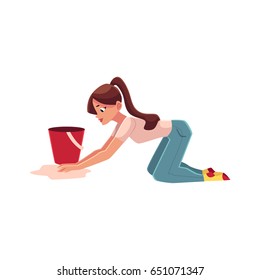 Pretty young woman, housewife washing floor by hand, cleaning the house, cartoon vector illustration isolated on white background. Full length portrait of woman, girl washing floor, doing housework