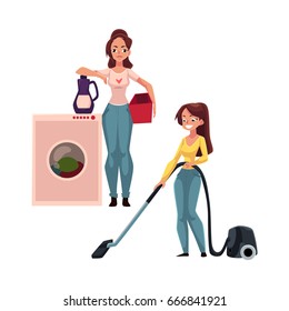 Pretty young woman, housewife washing and vacuum cleaning her house, doing housework, cartoon vector illustration isolated on white background. Beautiful woman girl washing clothes