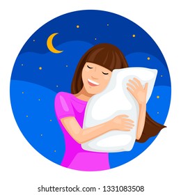 Pretty young woman hugging a pillow with both hands. Happy woman sleeping and dreaming on a pillow with closed eyes. Vector illustration.