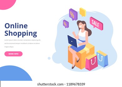 Pretty  Young Woman With Laptop Sitting On Box Among Colorful Shopping Bags And Making Online Shopping. Big Sale. Flat Isometric Vector Illustration Isolated On White.