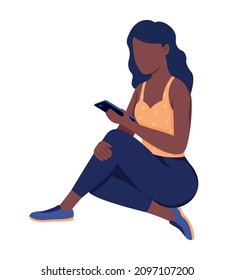 Pretty young woman looking at cellphone semi flat color vector character. Full body person on white. Teenager years isolated modern cartoon style illustration for graphic design and animation