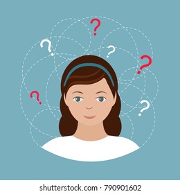 Pretty young woman with lots of doubts and question marks around her. Isolated on blue background. Vector illustration.
