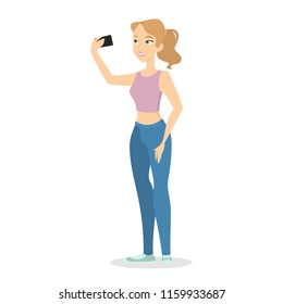Pretty young woman making selfie. Girl with smartphone taking photo portrait. Isolated vector illustration in cartoon style