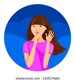 Pretty young woman making silence gesture with the finger on her lips. Beautiful woman asking to keep secret. Vector illustration