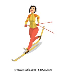 Pretty young woman on cross country skiing on isolated background. Flat cartoon vector illustration