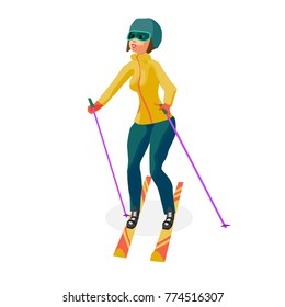 Pretty young woman on mountain skiing on isolated background. Flat cartoon vector illustration