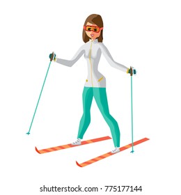 Pretty young woman on mountain skiing on isolated background. Flat cartoon vector illustration