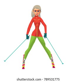 Pretty young woman on mountain skiing and stops widely spreading her legs. Flat cartoon vector illustration