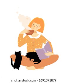 Pretty young woman reading book and drinking tea or coffee with cats. Cozy and comfortable artistic vector drawing of relaxation and study peaceful everyday life.